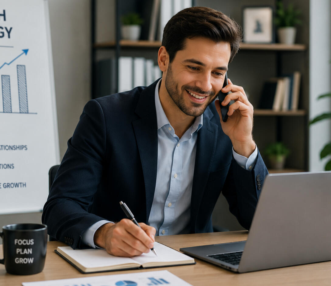 Business development professional conducting client outreach and sales strategy planning.