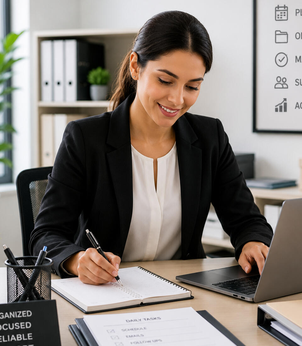 Administrative support specialist organizing schedules, documents, and daily business operations.